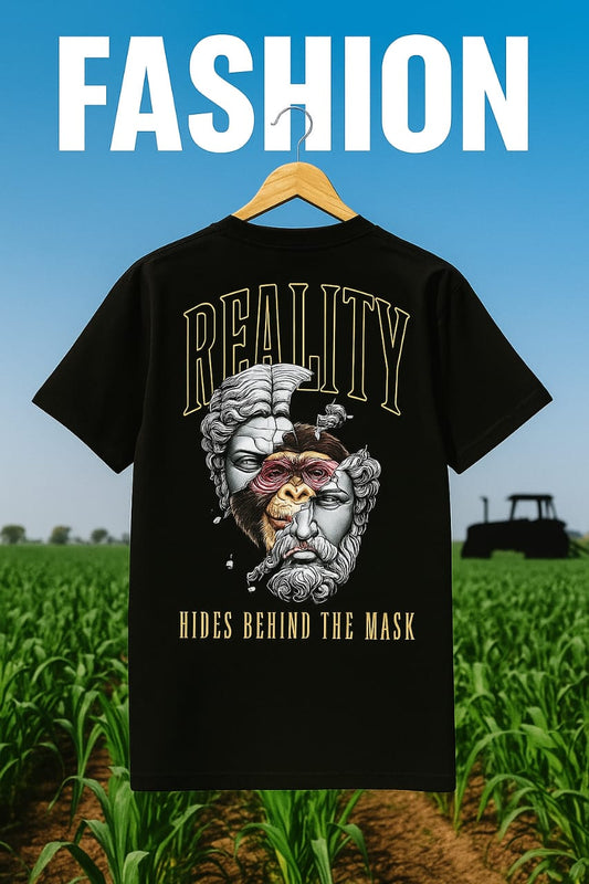 BLACK GRAPHIC T-SHIRT - "REALITY HIDES BEHIND THE MASK"