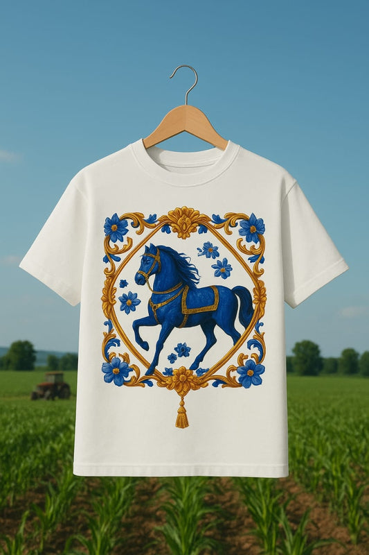 ROYAL BLUE HORSE PRINT PREMIUM WHITE T-SHIRT